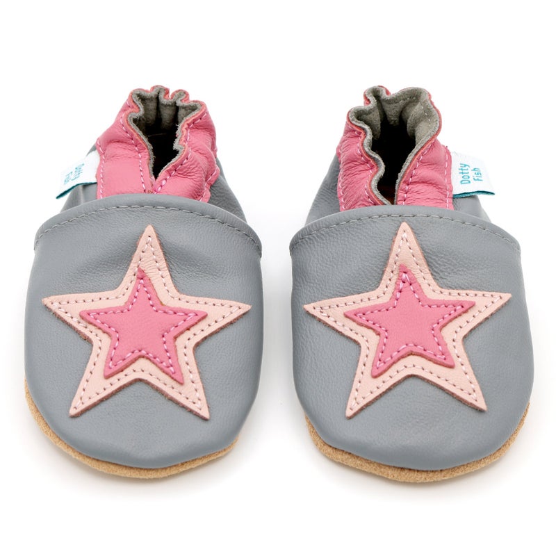 Dotty Fish Soft Leather Infant Shoes Girls pre-Walkers. Grey with Pink Star. 12-18 Months - Image 3